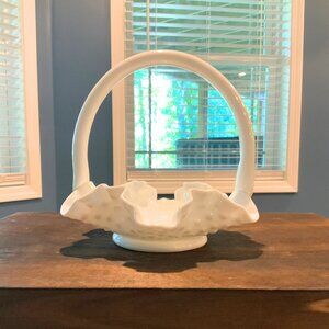 Vintage Fenton White Milk Glass Hobnail Basket w/ Handle, 5.5" Tall, Ruffled Lac